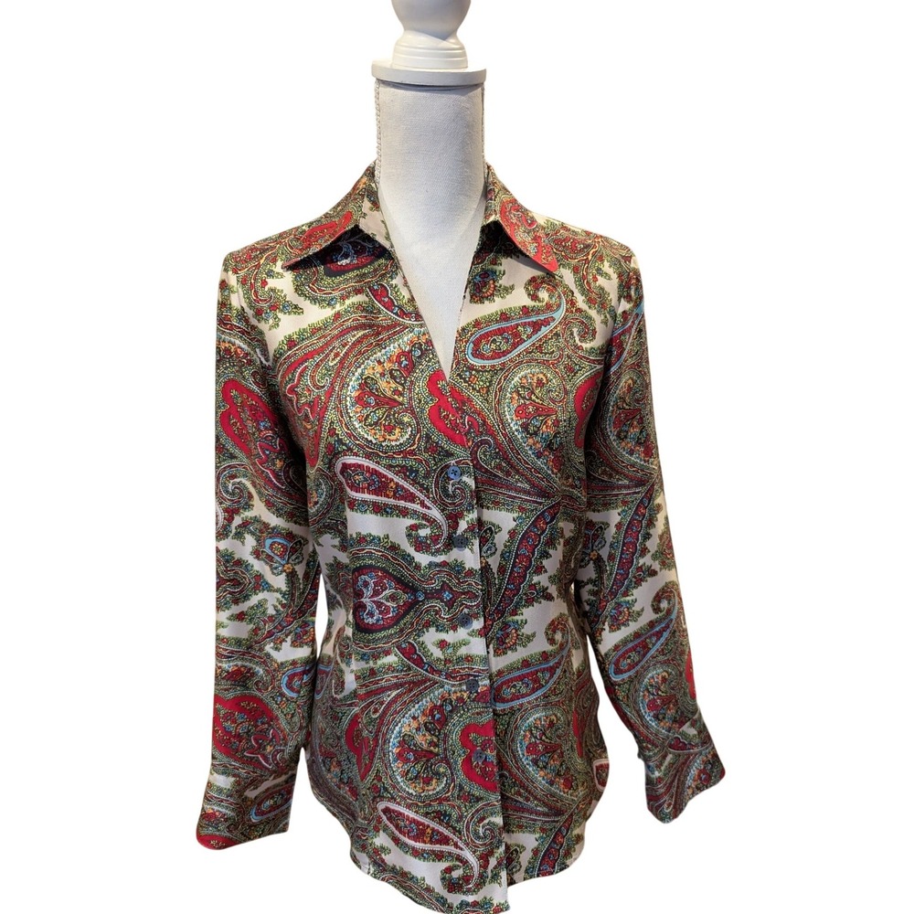 VTG Talbots Pure Silk Paisley Button Down Blouse Red Blue Green Cream Womens 10